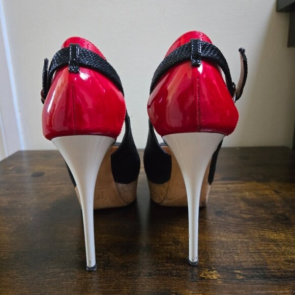 Giuseppe Zanotti Black Canvas Patent Leather Cork Platform Slingback Pumps - Picture 7 of 11